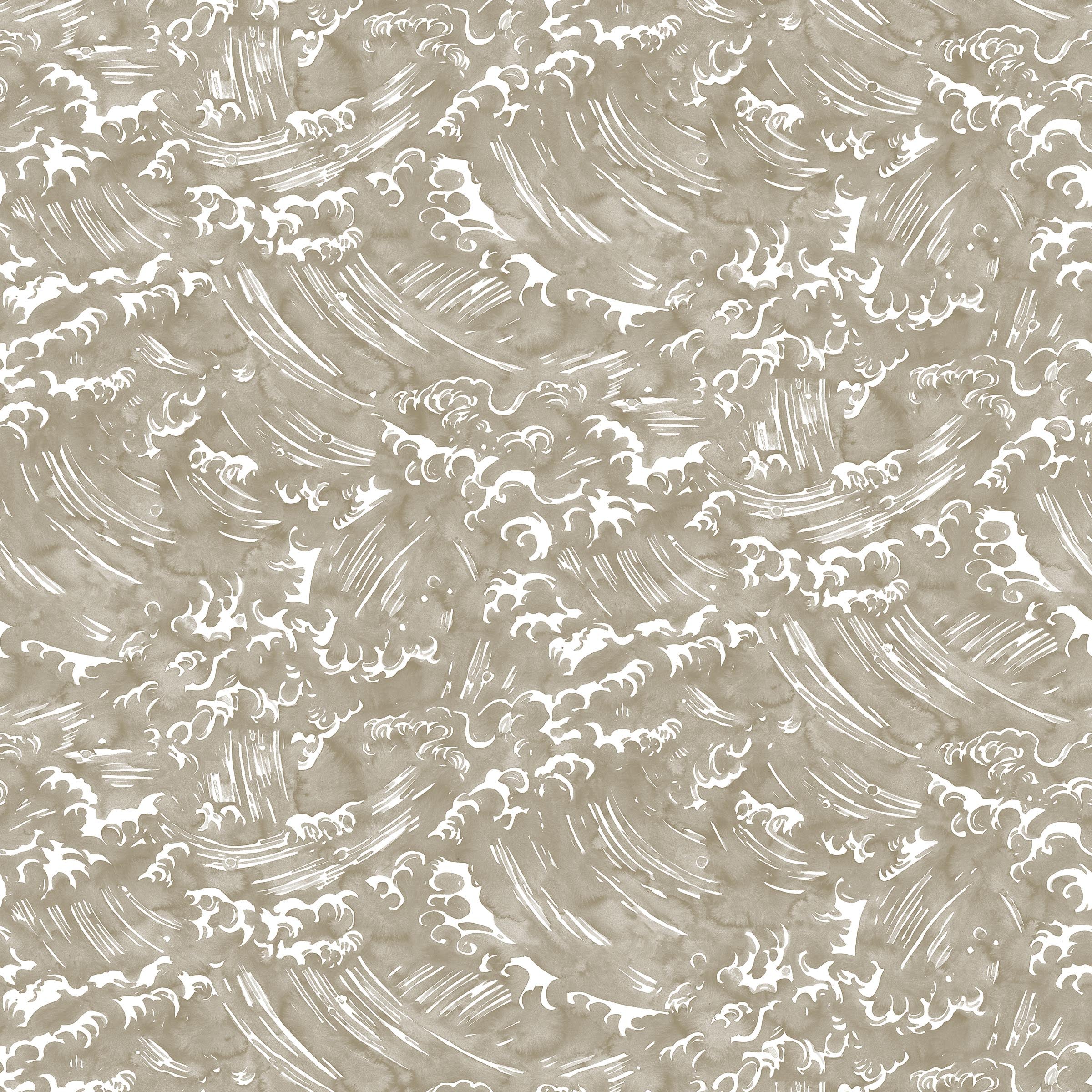 Playful wave print in white on a pale grey-green watercolor field.