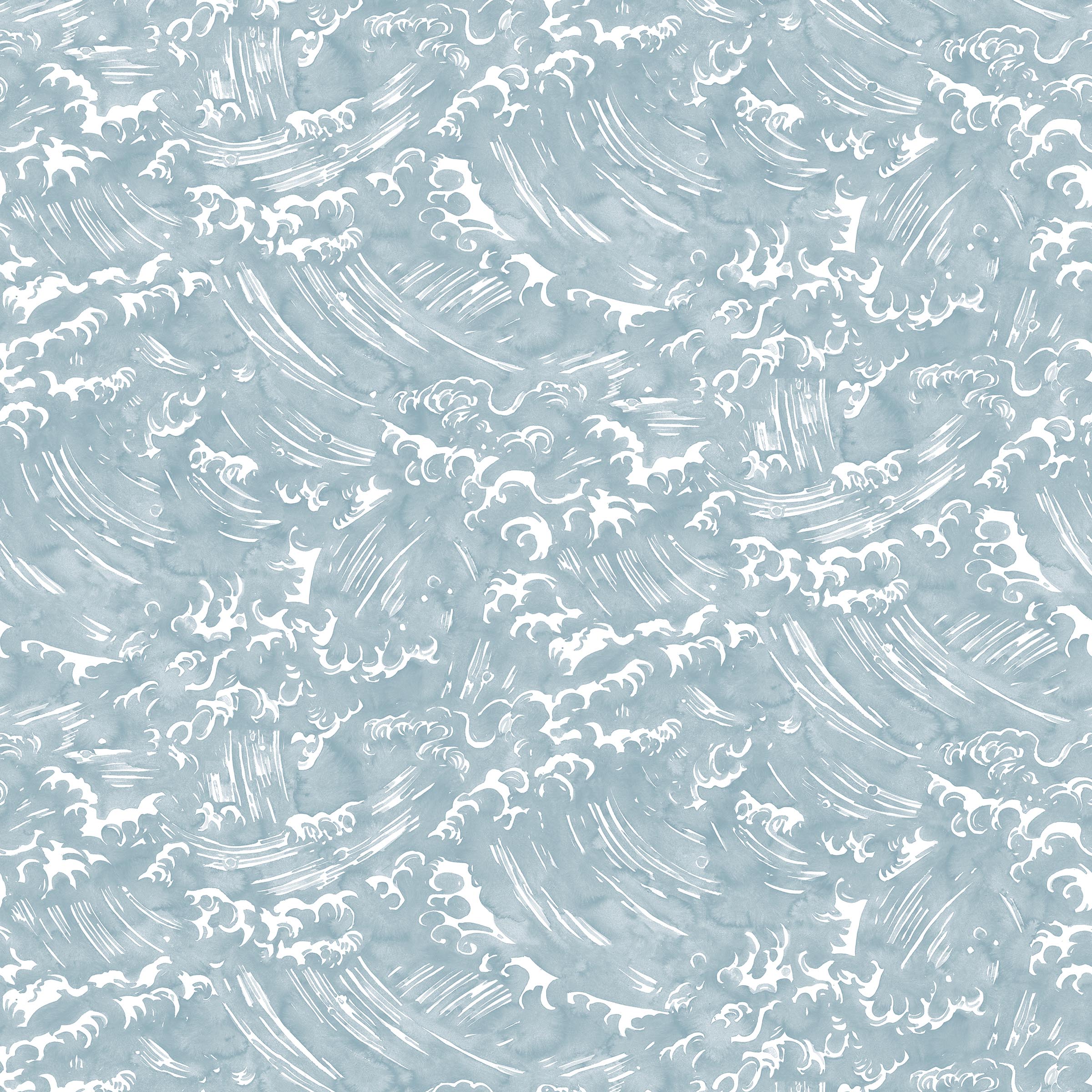Playful wave print in white on a pastel blue watercolor field.