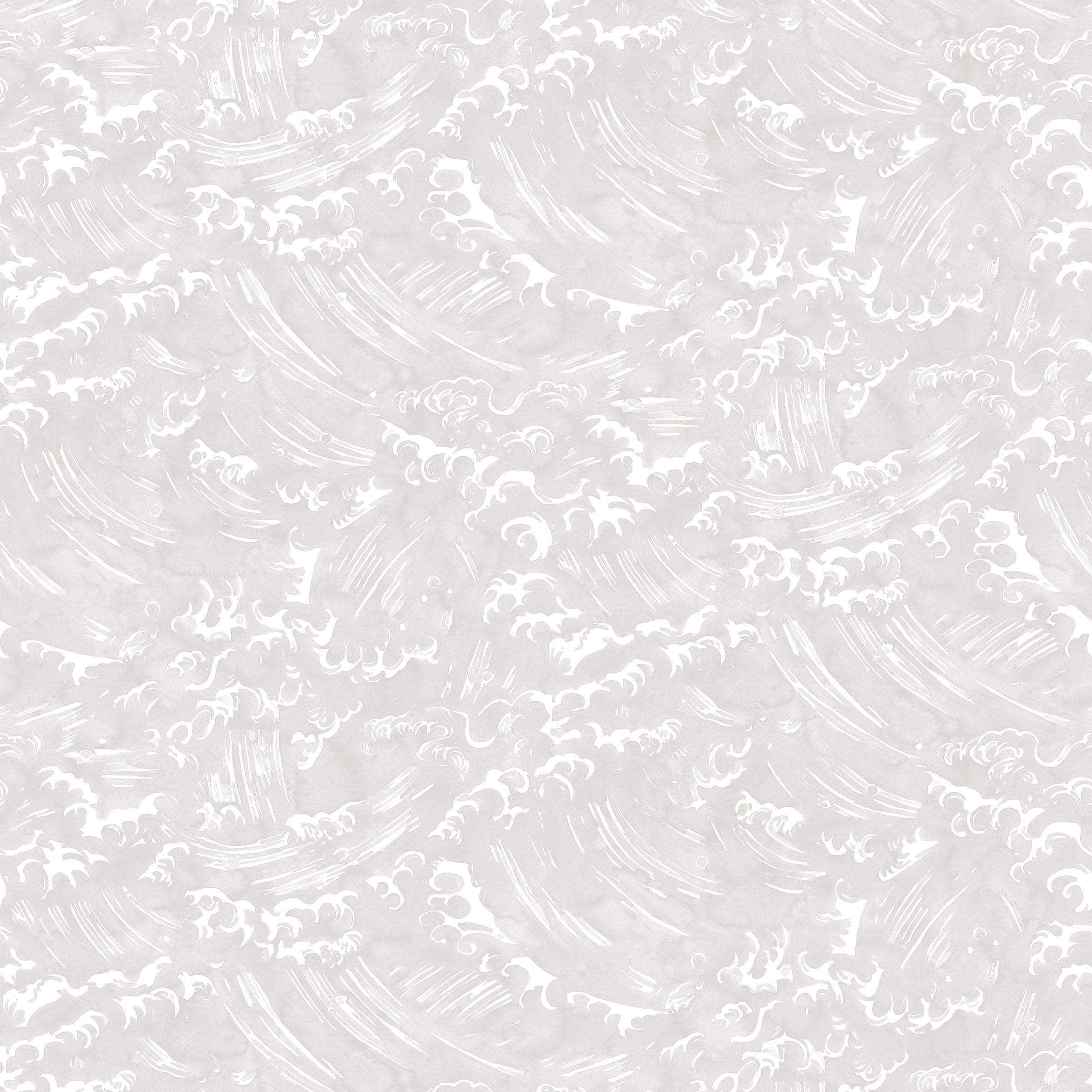 Playful wave print in white on a pale grey watercolor field.