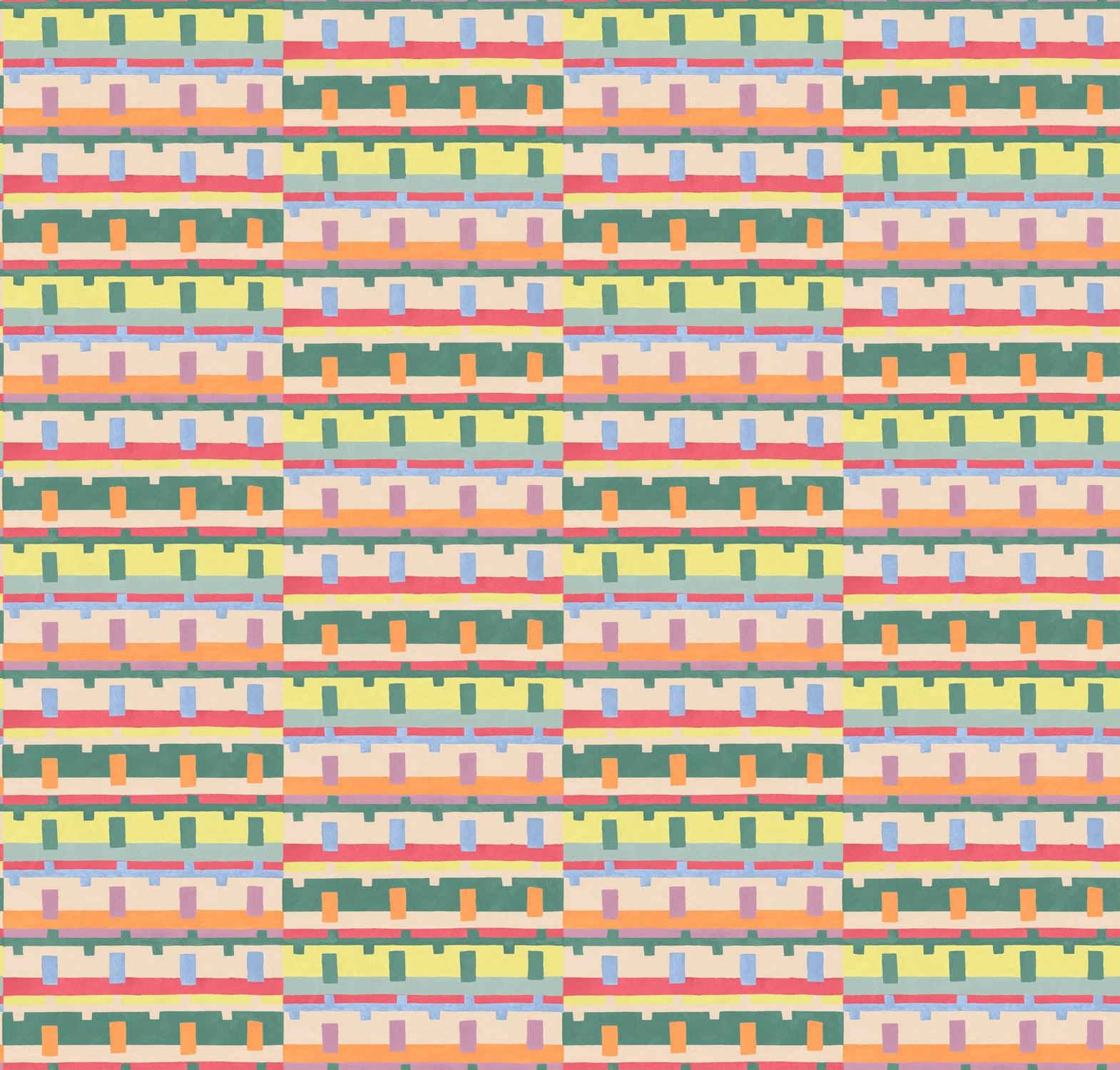 Detail of wallpaper in a playful geometric grid print in shades of pink, orange and green.
