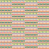 Detail of wallpaper in a playful geometric grid print in shades of pink, orange and green.