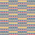 Detail of wallpaper in a playful geometric grid print in shades of purple, red, blue and orange.