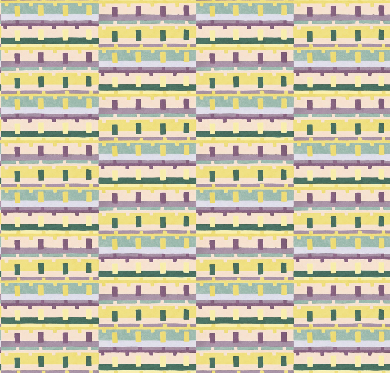 Detail of wallpaper in a playful geometric grid print in shades of purple, yellow and green.