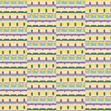 Detail of wallpaper in a playful geometric grid print in shades of purple, yellow and green.