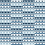 Detail of wallpaper in a playful geometric grid print in shades of blue, navy and white.