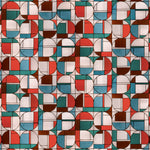 Wallpaper with geometric stained glass pattern pattern with red, blue, brown and white. 