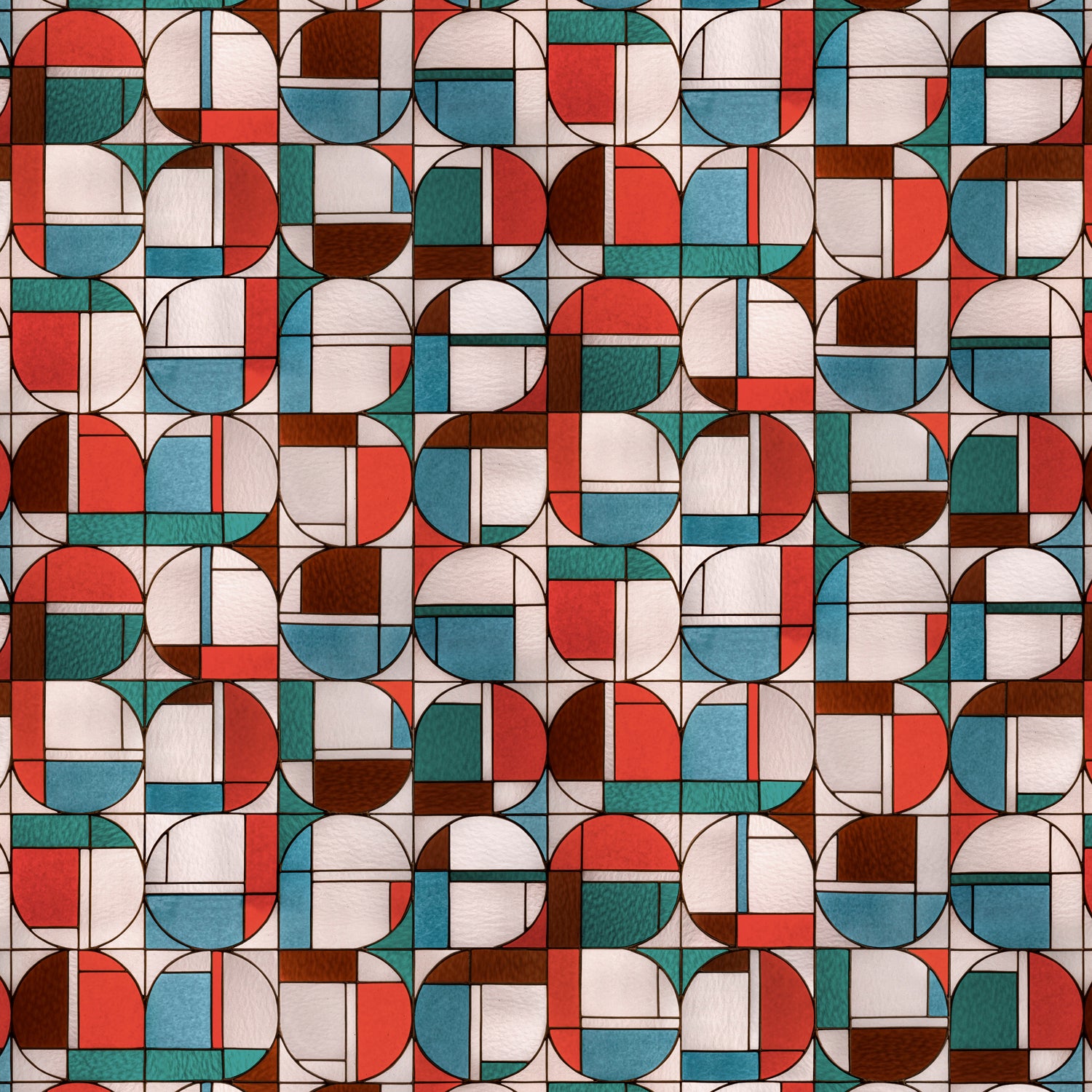 Wallpaper with geometric stained glass pattern pattern with red, blue, brown and white. 