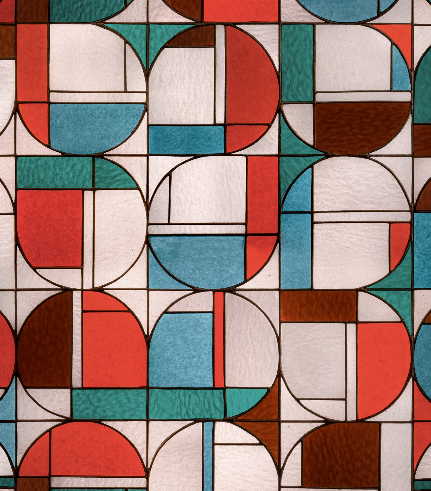 Wallpaper with geometric stained glass pattern pattern with red, blue, brown and white. 
