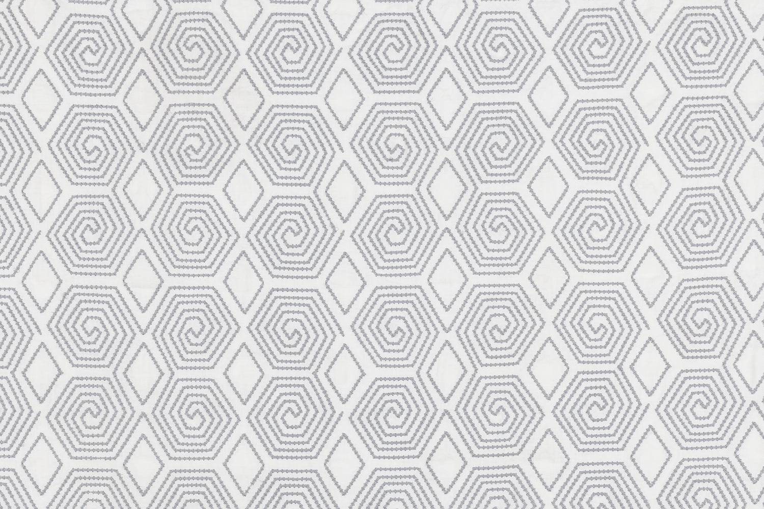 Fabric with a playful embroidered geometric grid print in grey on a white field