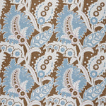 Detail of fabric in a botanical paisley print in shades of white, blue and purple on a brown field.