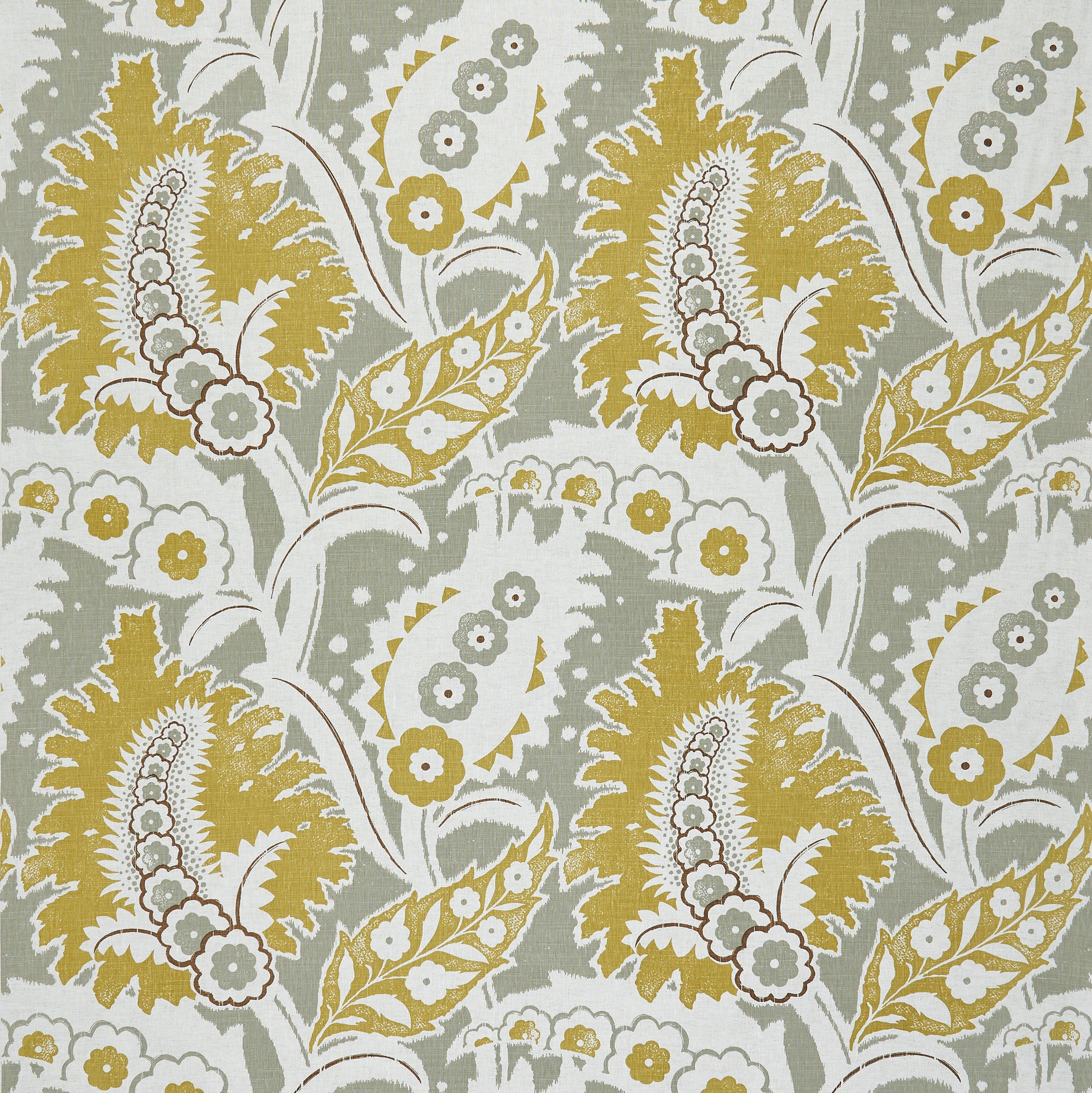 Detail of fabric in a botanical paisley print in shades of white, mustard and brown on a light gray field.