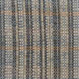 Close-up of a textured rug with a plaid pattern in shades of brown and gray.