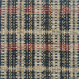 Close-up of a textured rug with a geometric pattern in teal, red and yellow.