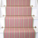 Striped flatweave runner in pink crem and grey on white staircase