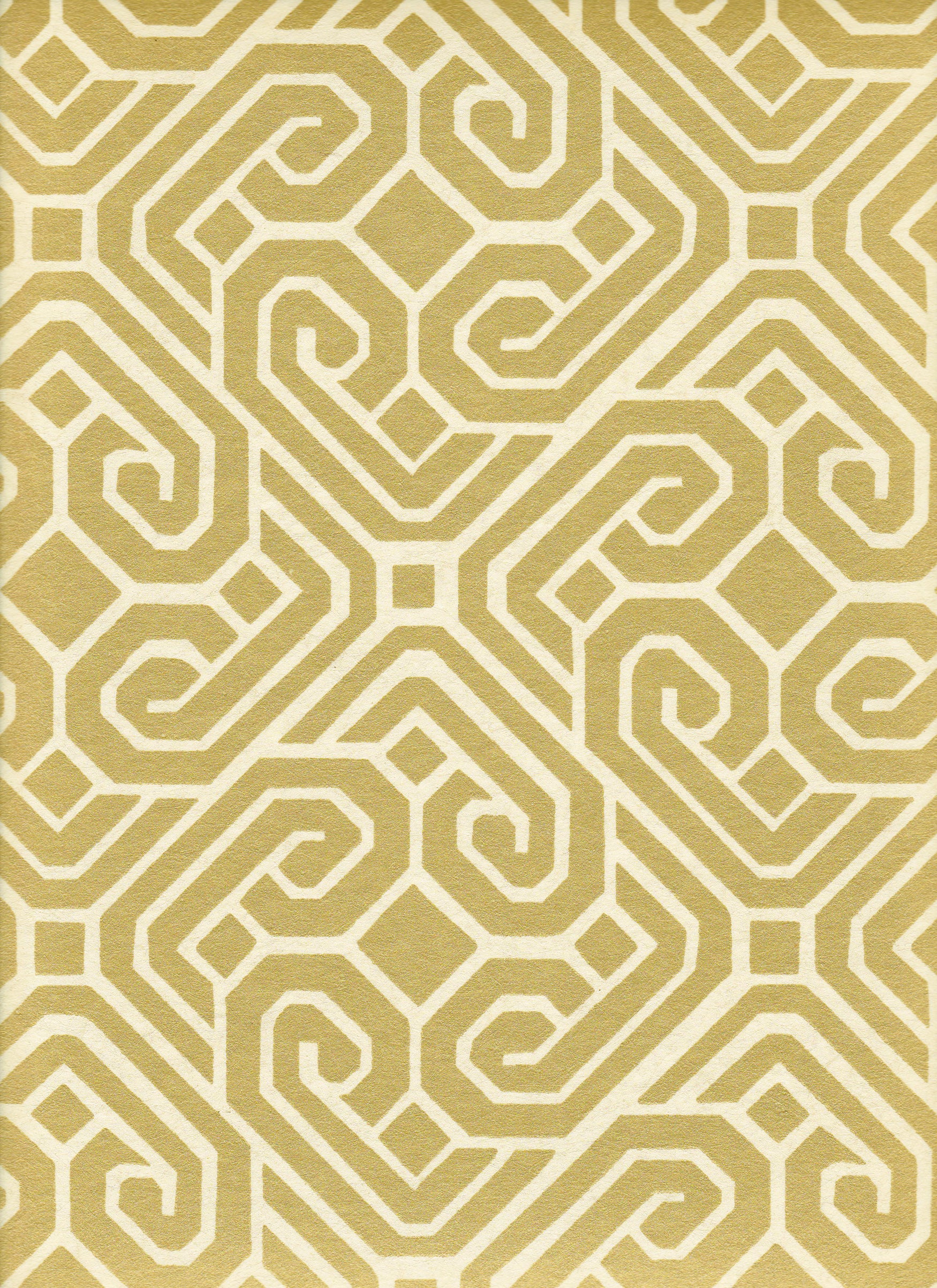 Detail of wallpaper in a geometric lattice print in gold on a cream field.