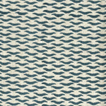 Fabric in a repeating abstract print in navy on a cream field.