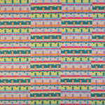 Detail of fabric in a playful geometric grid print in shades of pink, orange and green.