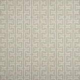 Broadloom carpet with geometric Greek pattern in ivory on sage green.