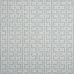 Broadloom carpet with geometric Greek pattern in ivory on  aqua blue.