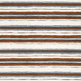 Printed fabric of slate blue and warm brown horizontal stripes on a white background