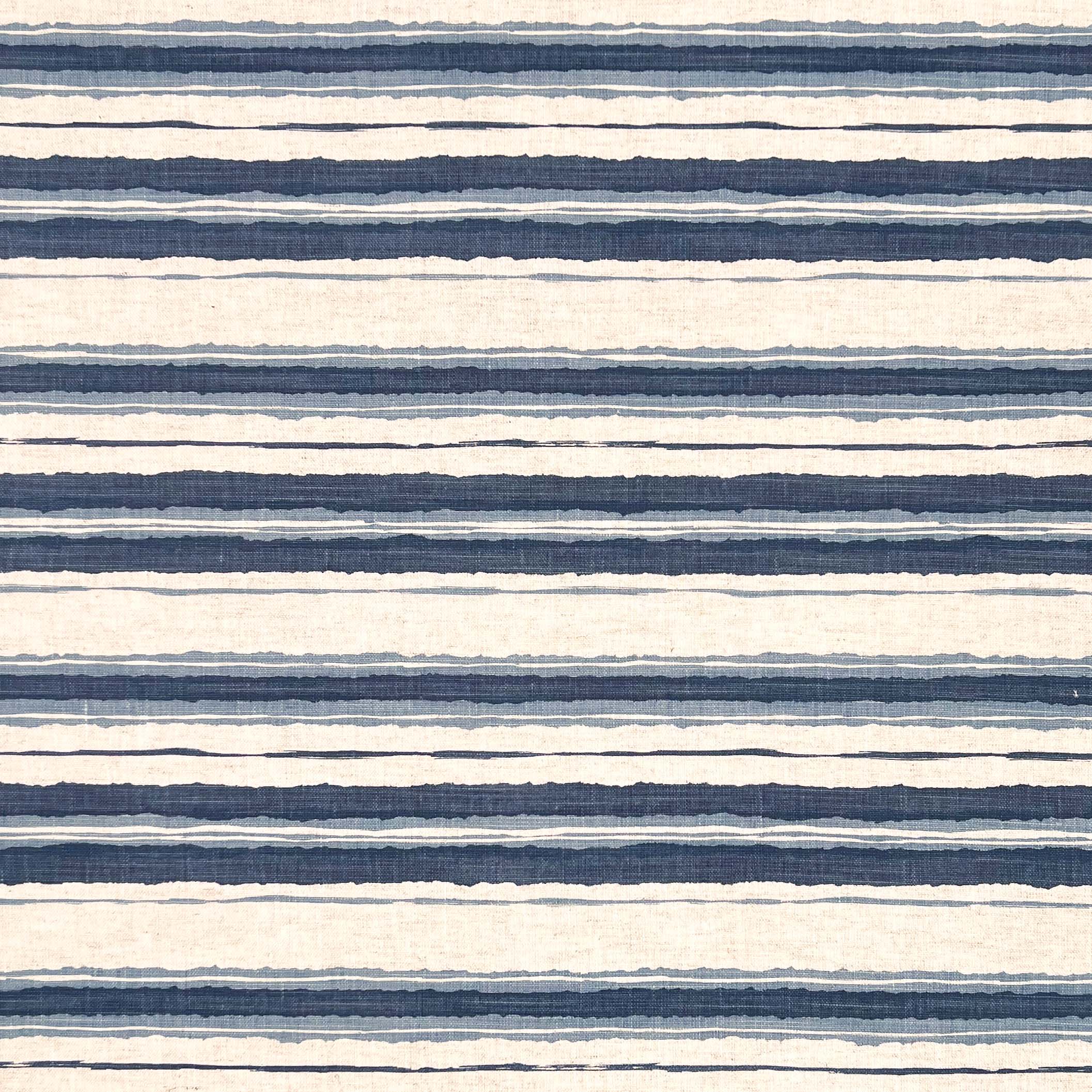 Printed fabric of light and dark blue horizontal stripes on a white background