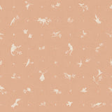 Detail of wallpaper in a playful animal and branch print in white on a coral field.