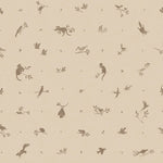 Detail of wallpaper in a playful animal and branch print in brown on a cream field.