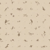 Detail of wallpaper in a playful animal and branch print in brown on a cream field.