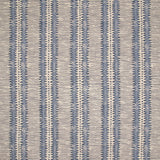 Detail of fabric in a dense tribal stripe pattern in shades of blue and beige.