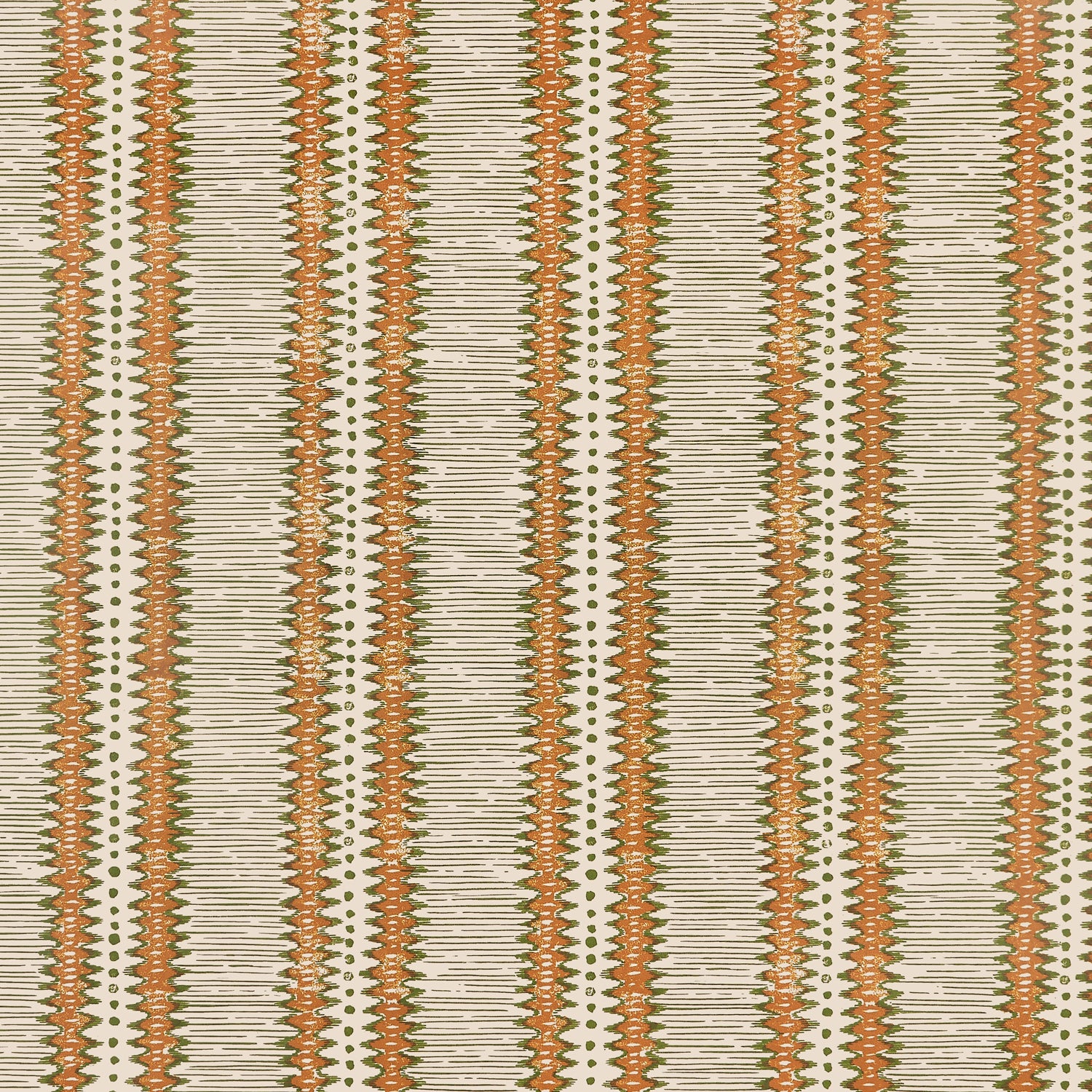 Dense tribal stripe pattern in green and orange on cream.