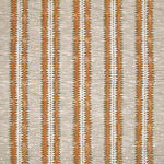 Detail of fabric in a dense tribal stripe pattern in shades of cream, orange and olive green. 