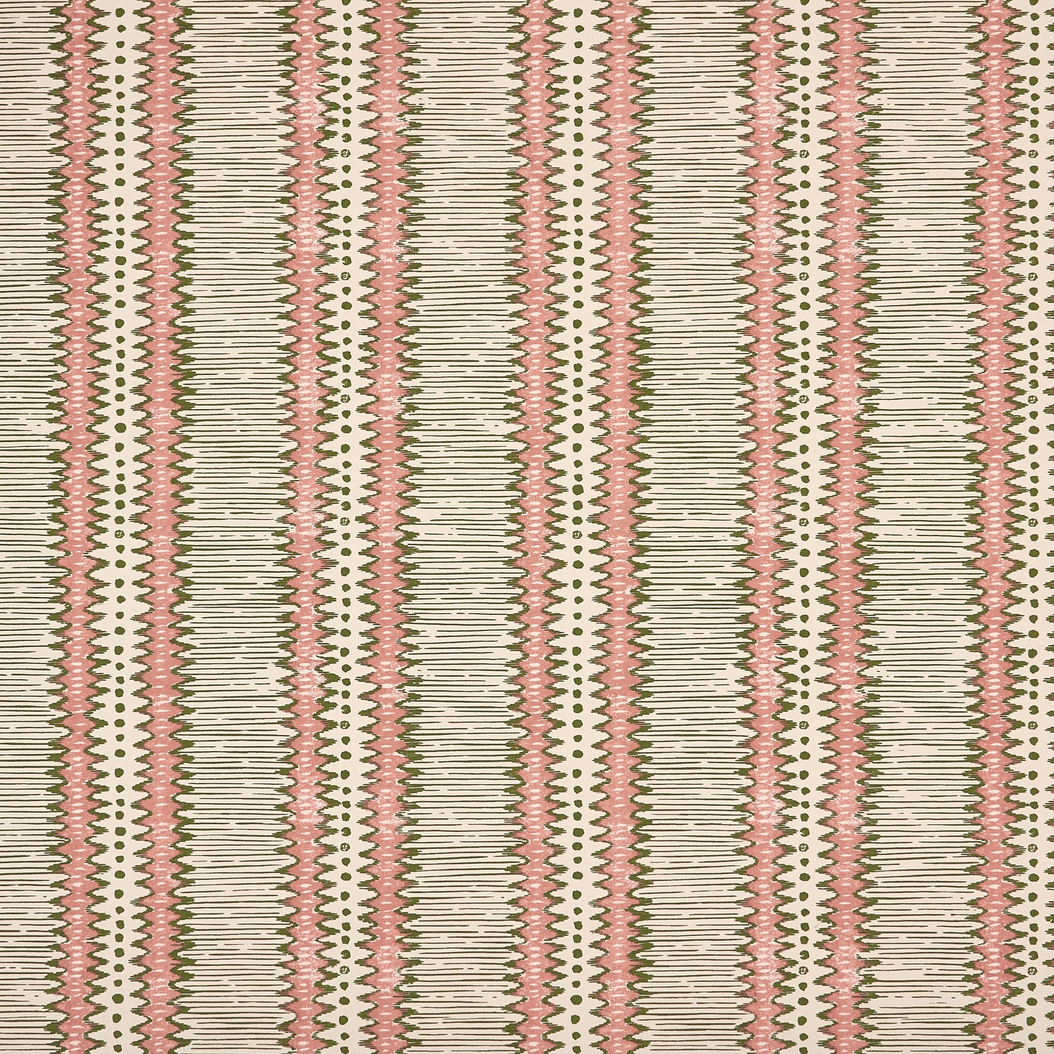 Dense tribal stripe pattern in green and pink on cream.
