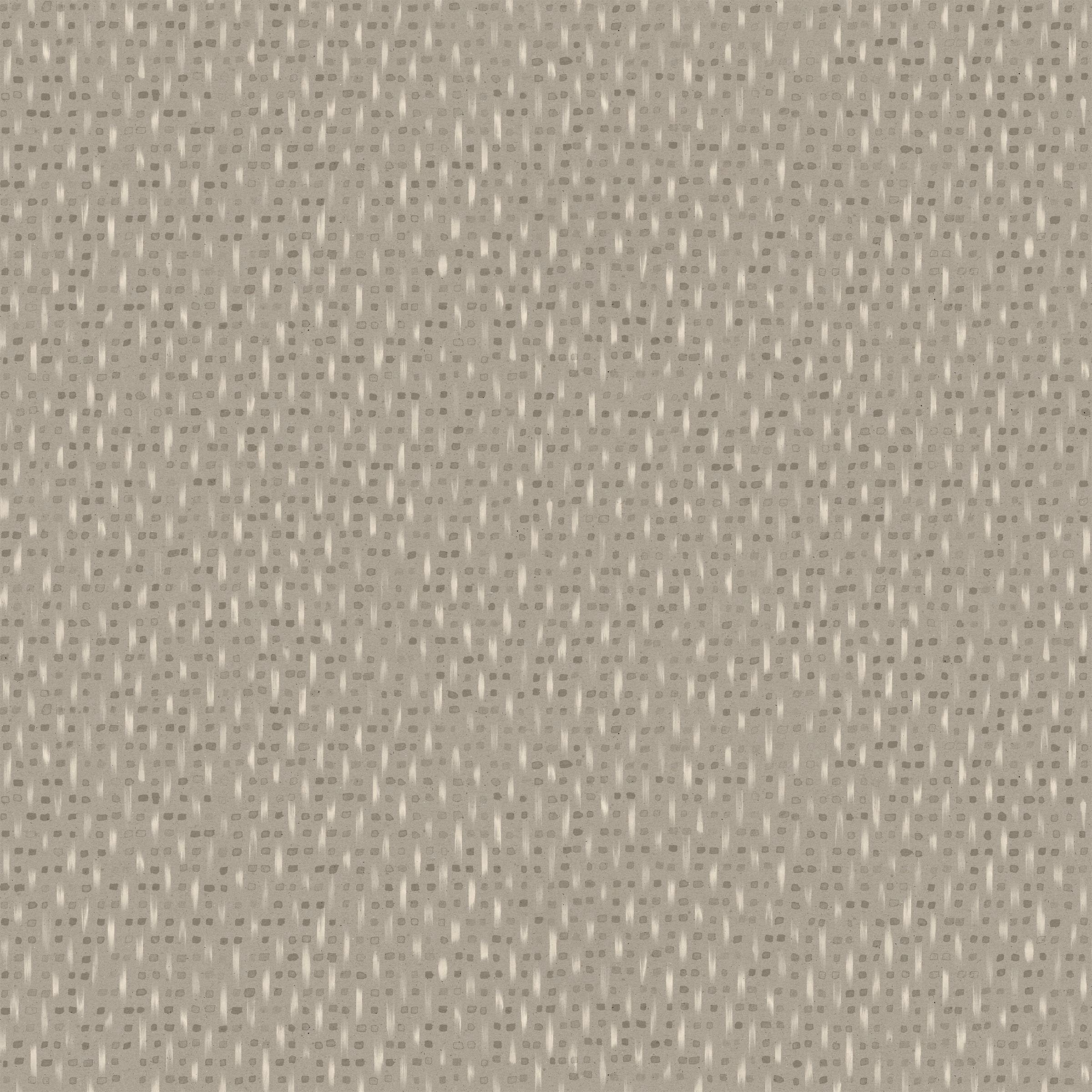 Detail of wallpaper in a small-scale dot and dash pattern in cream and gray on a light gray field.