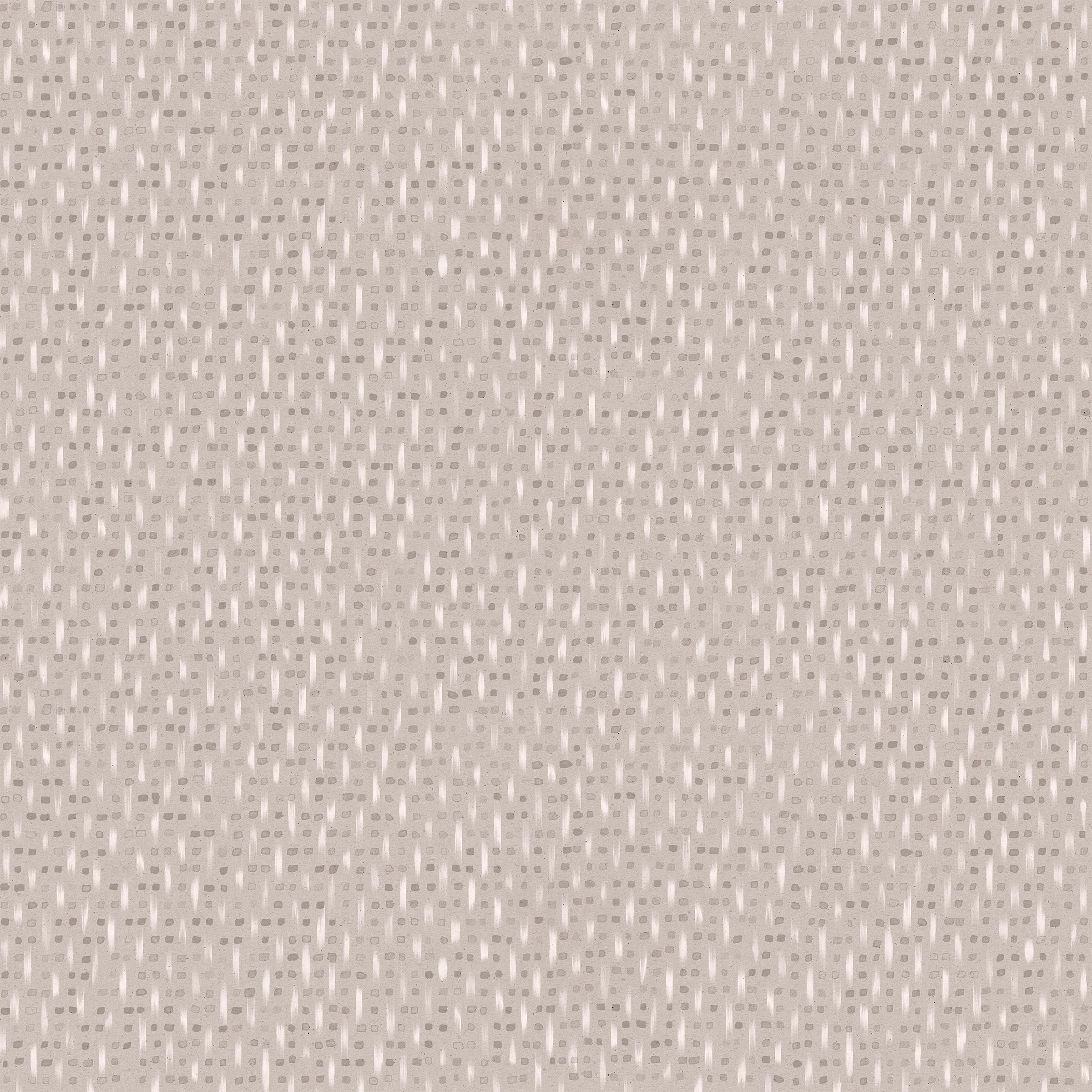 Detail of wallpaper in a small-scale dot and dash pattern in white and gray on a cream field.
