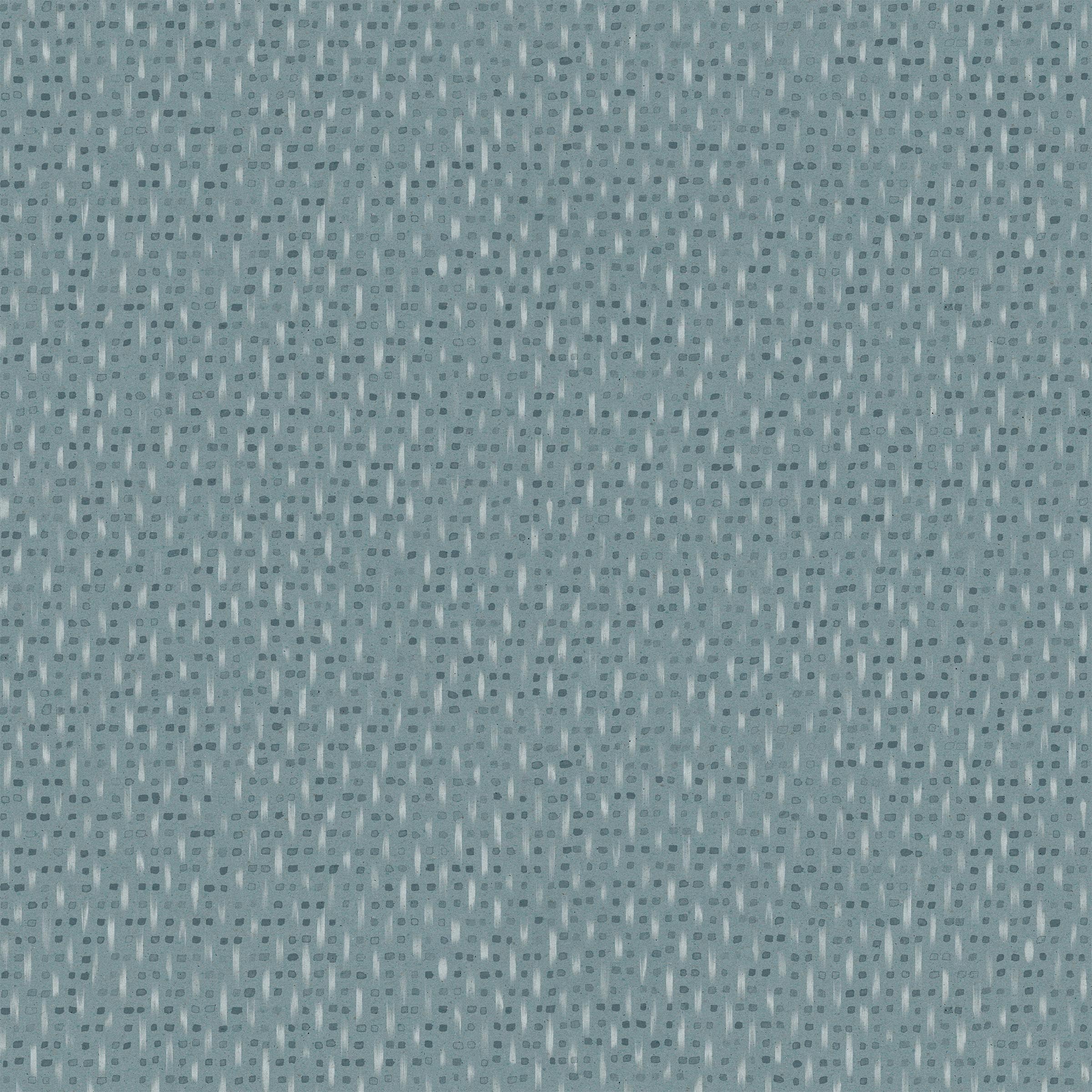 Detail of wallpaper in a small-scale dot and dash pattern in shades of blue on a blue-gray field.
