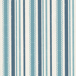 Detail of wallpaper in a playful ticking stripe print in shades of turquoise and navy on a cream field.