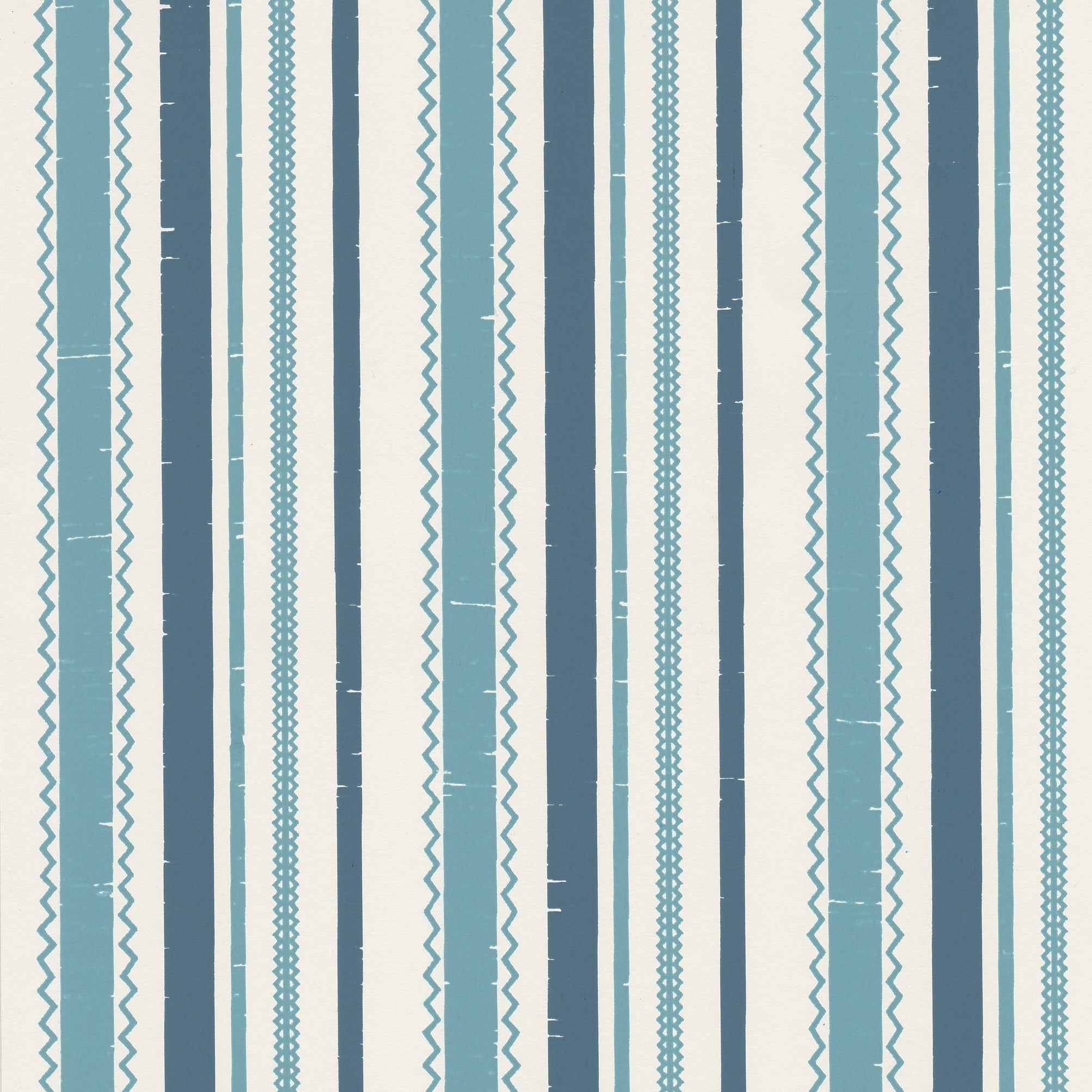 Detail of wallpaper in a playful ticking stripe print in shades of turquoise and navy on a cream field.
