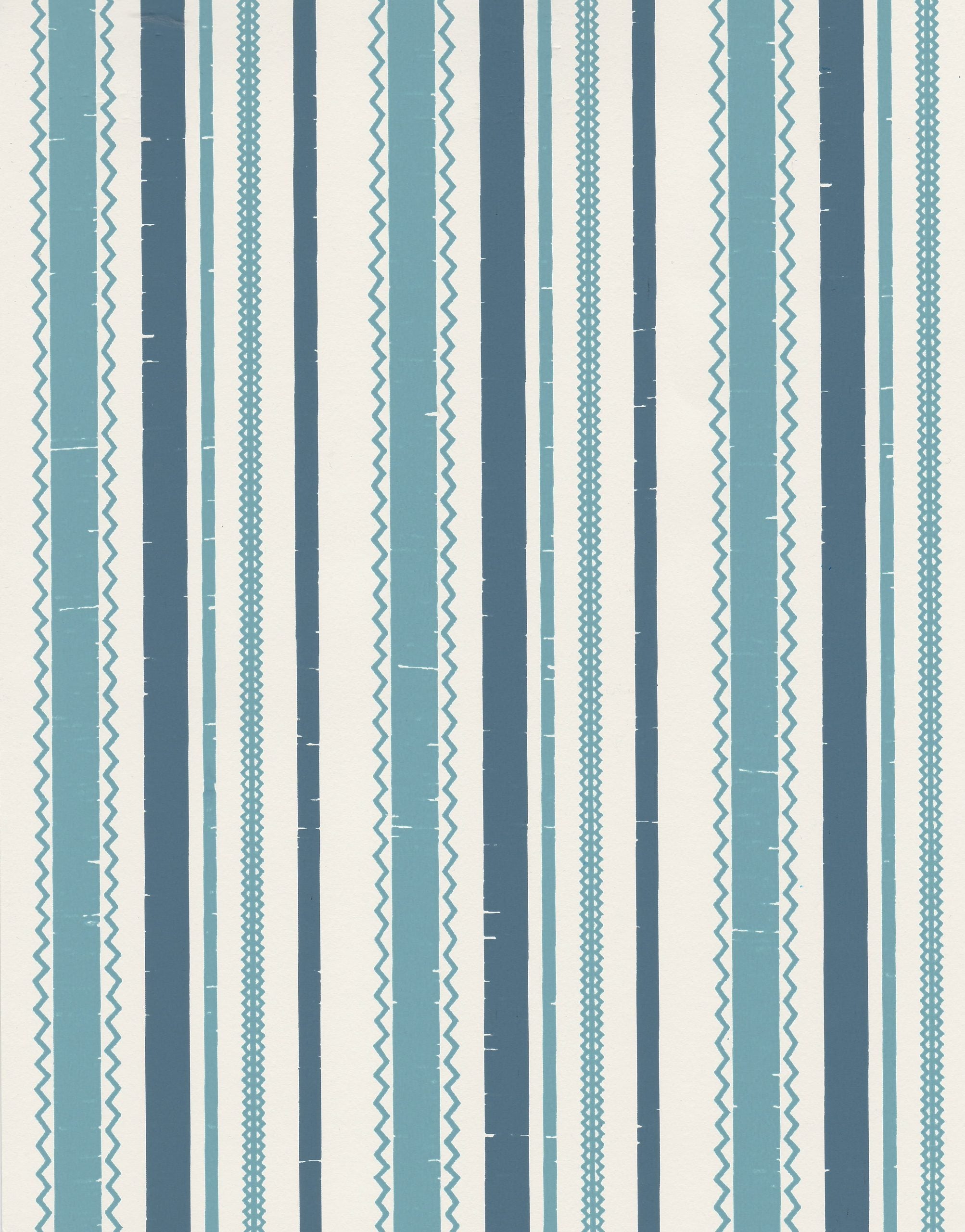 Detail of wallpaper in a playful ticking stripe print in shades of turquoise and navy on a cream field.