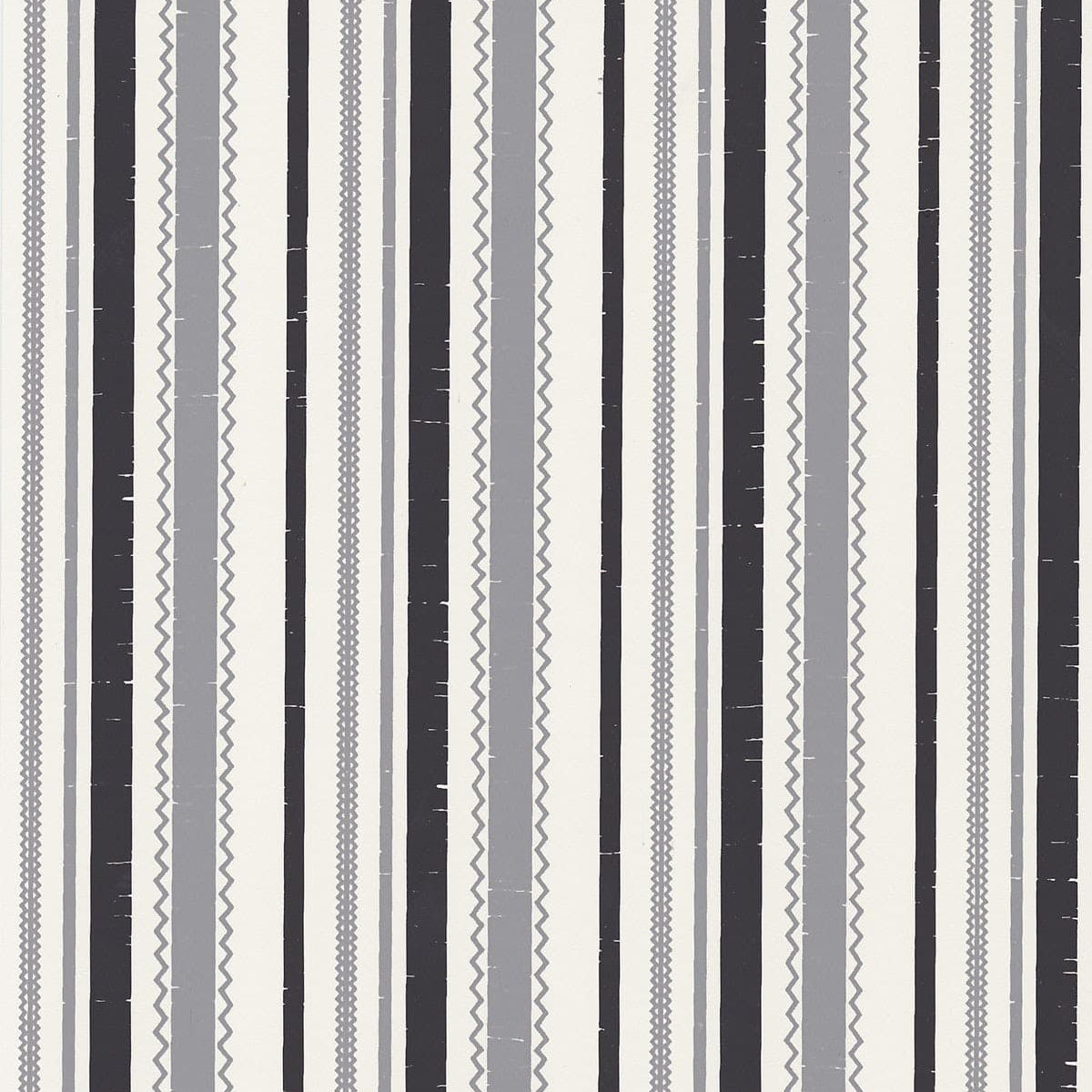 Detail of wallpaper in a playful ticking stripe print in shades of gray and charcoal on a cream field.