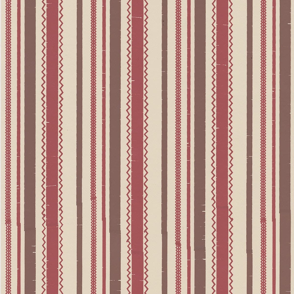 Detail of wallpaper in a playful ticking stripe print in shades of red and brown on a tan field.