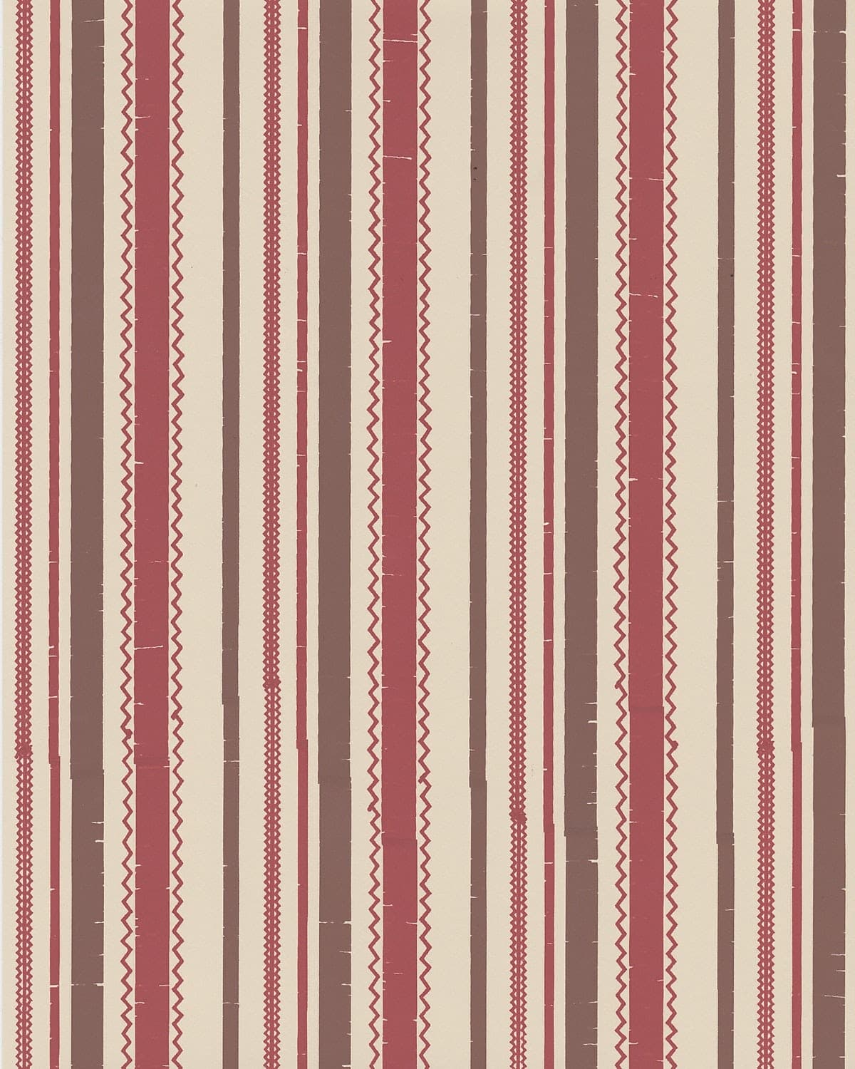 Detail of wallpaper in a playful ticking stripe print in shades of red and brown on a tan field.