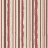 Detail of wallpaper in a playful ticking stripe print in shades of red and brown on a tan field.