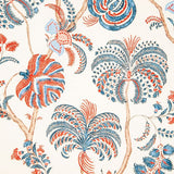 Detail of fabric in a floral paisley in shades of red, blue and brown on a white field.