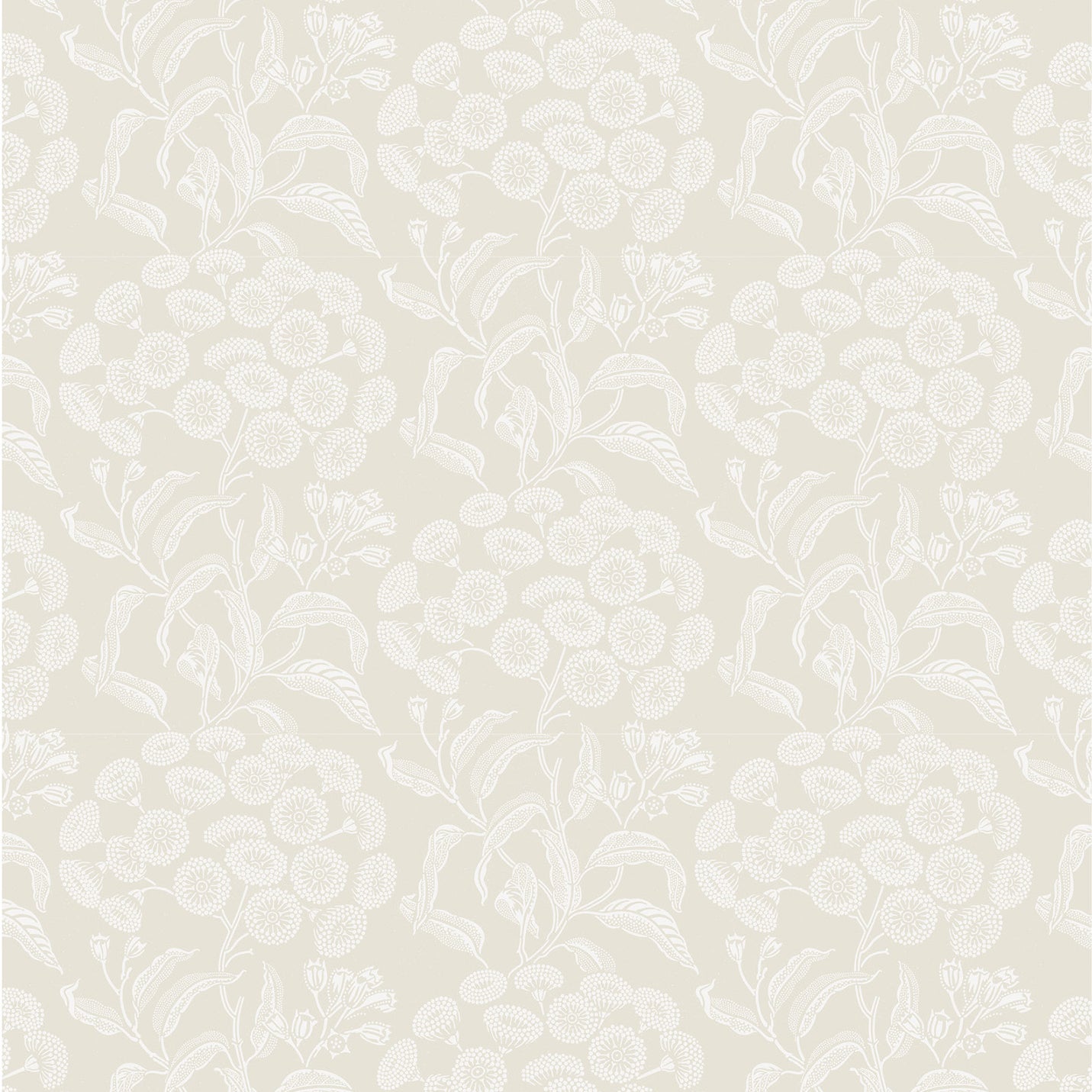 Wallpaper pattern with a detailed floral pattern in white on ecru.