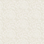 Wallpaper pattern with a detailed floral pattern in white on ecru.