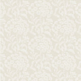 Wallpaper pattern with a detailed floral pattern in white on ecru.