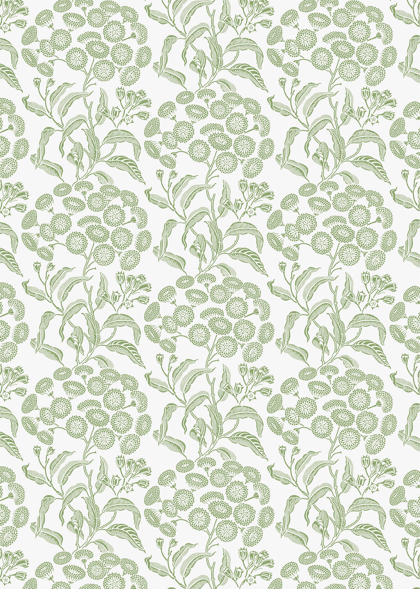 Wallpaper pattern with a detailed floral pattern in green on white. 