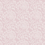 Wallpaper pattern with a detailed floral pattern in white on pink.