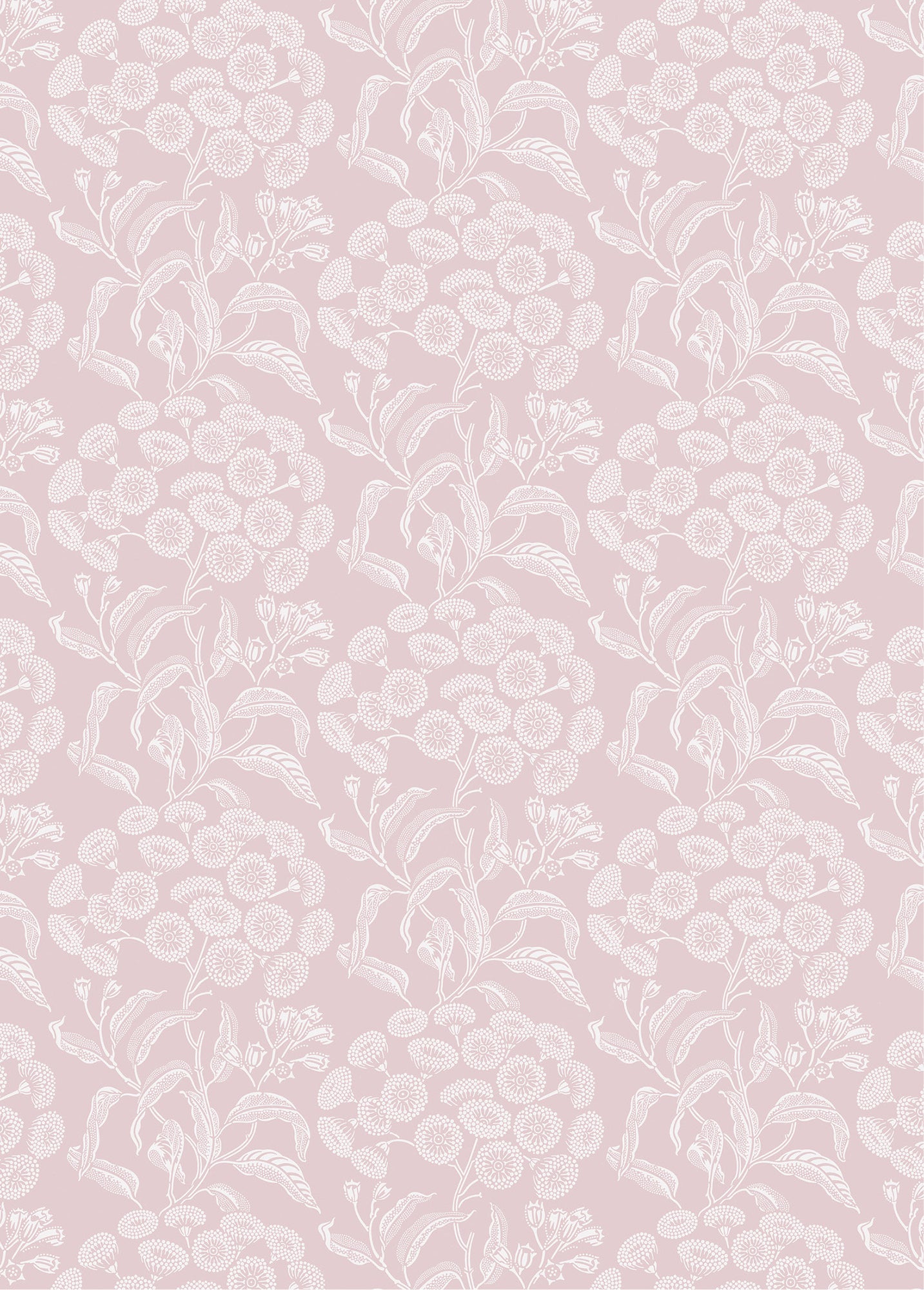 Wallpaper pattern with a detailed floral pattern in white on pink.