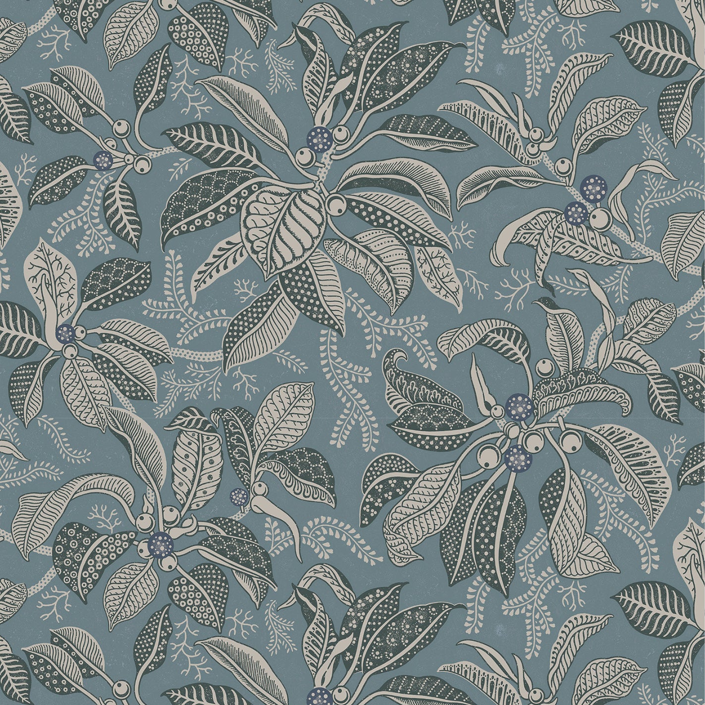 Wallpaper pattern with a detailed floral pattern in slate blue and ecru on a chambray blue field. 